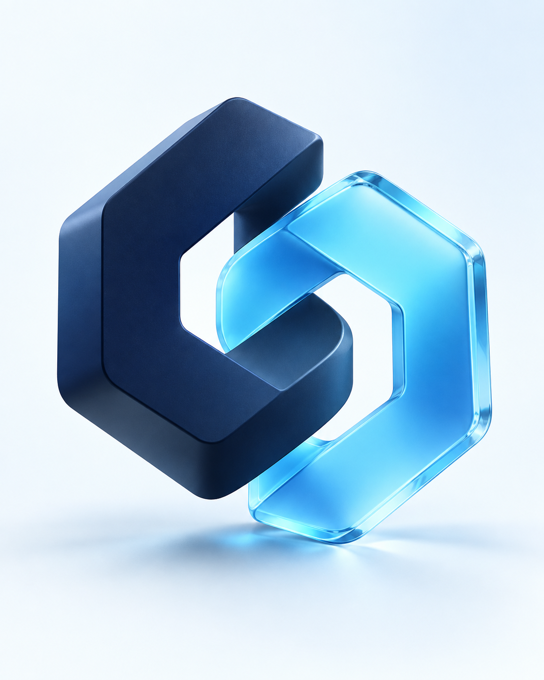 Interlocking navy and cyan ribbons inspired by the Cloud Synergy emblem